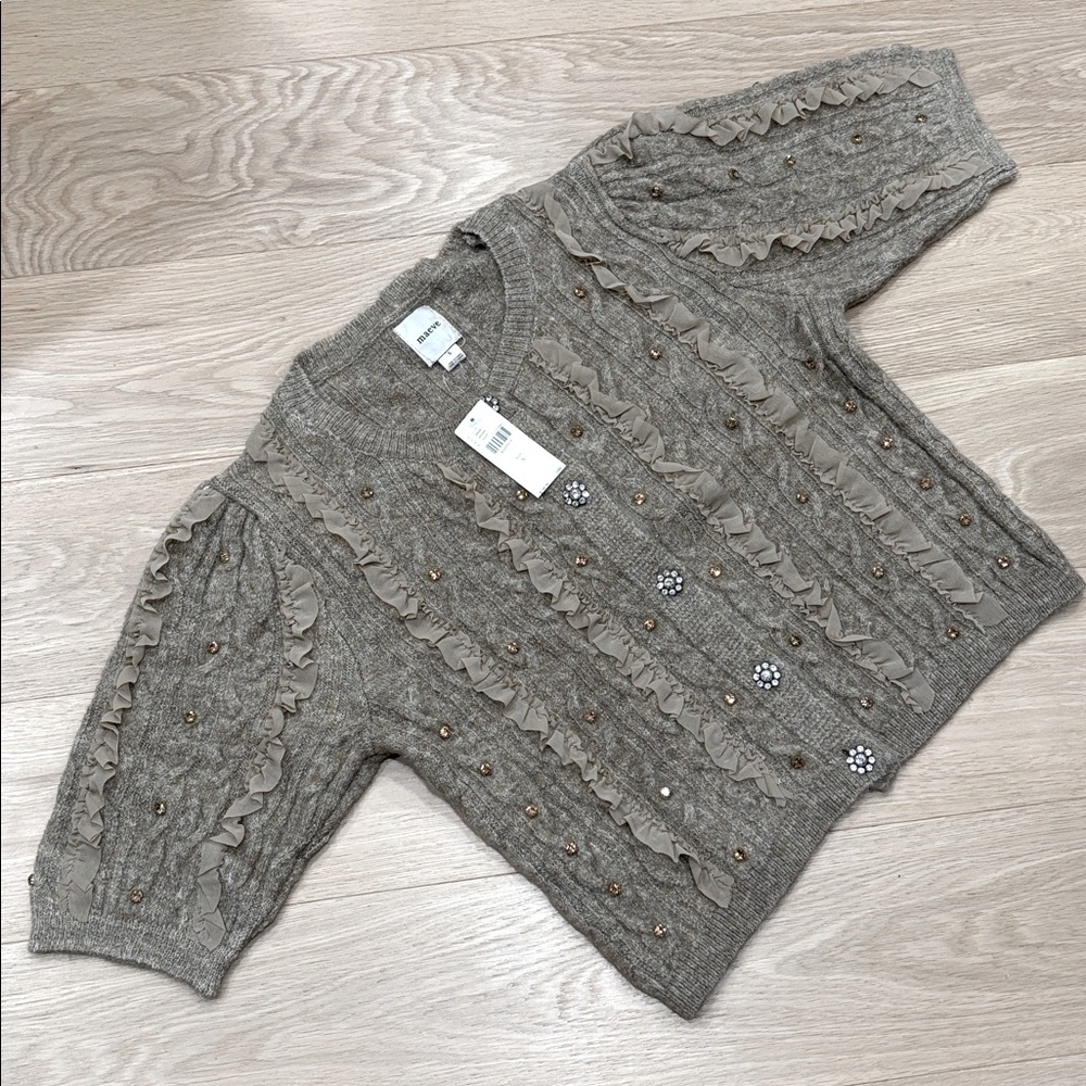 NWT MAEVE (S) Short-Sleeve Embellished Ruffled Cardigan Sweater Taupe Stretch - Picture 11 of 14